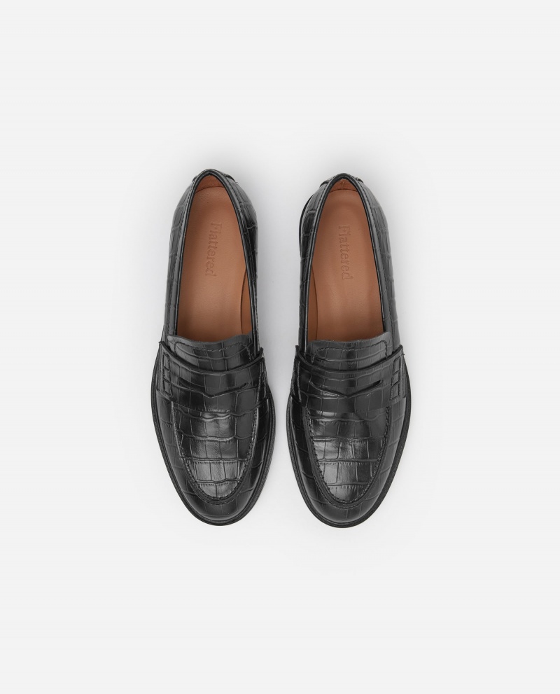 Black Shoes Flattered Sara Croco Leather Loafers | PCAQX31698