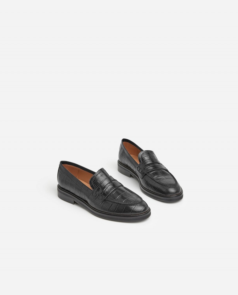 Black Shoes Flattered Sara Croco Leather Loafers | PCAQX31698